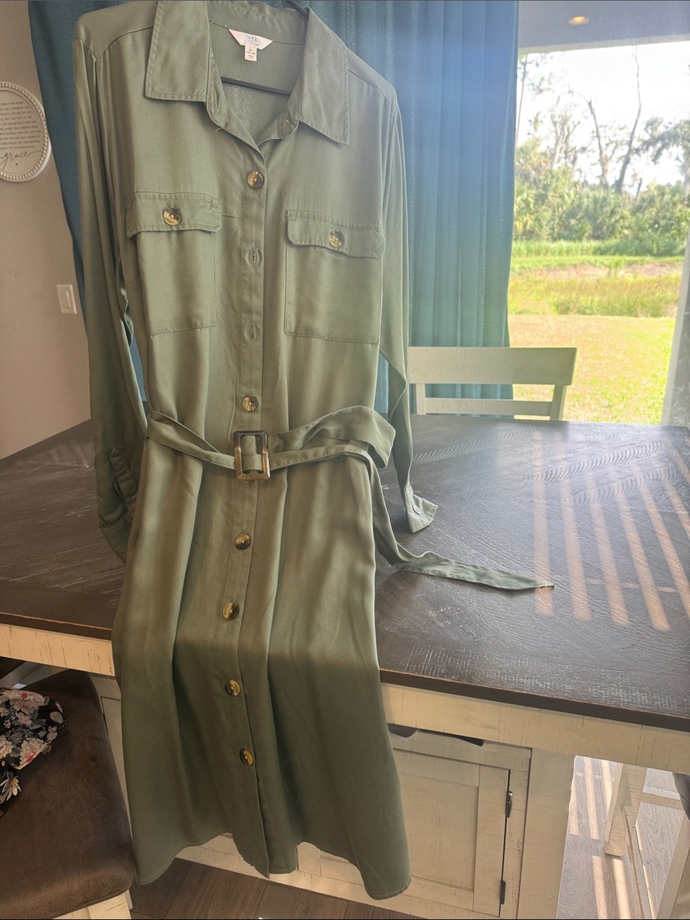 Time and Tru Olive Green Button-Front Midi Shirt Dress with Belt